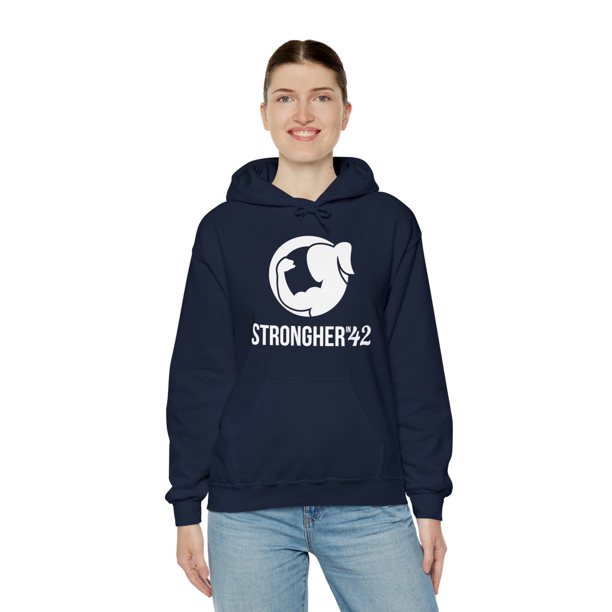 Strong Her in 42 - Classic Logo White - Unisex Heavy Blend Hooded Sweatshirt