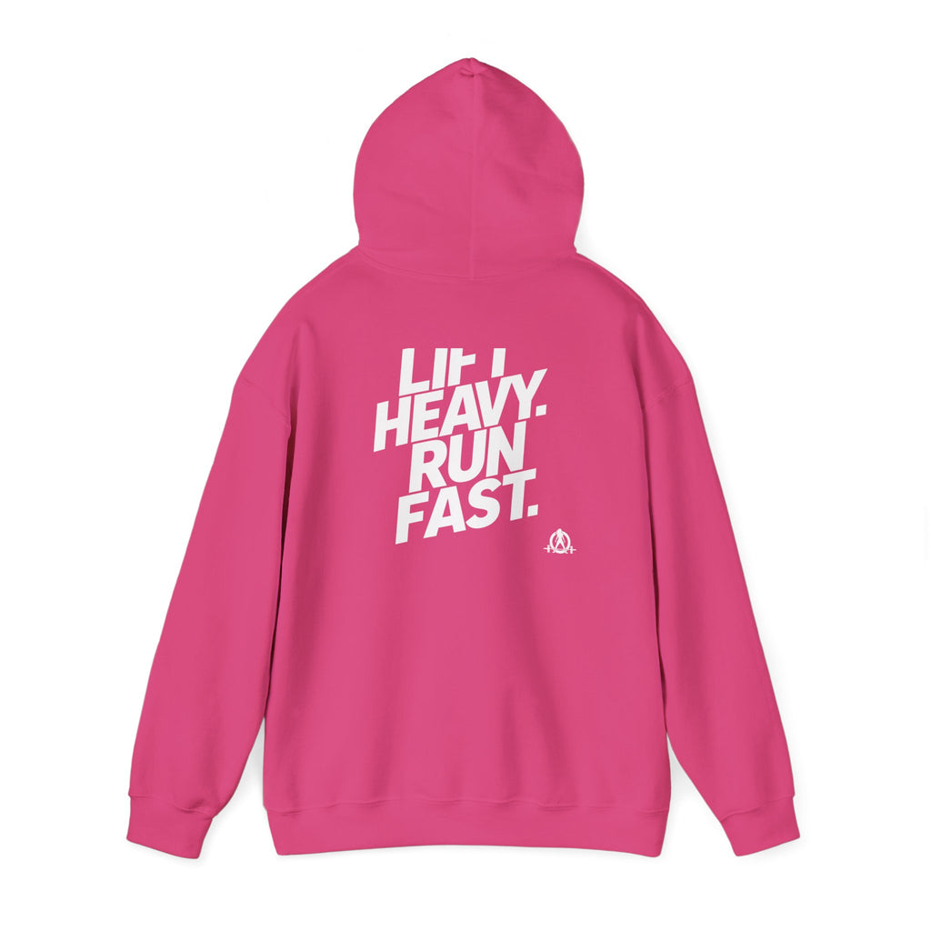 Lift Heavy Run Fast - Unisex Heavy Blend Hooded Sweatshirt - Front White & Back Logo