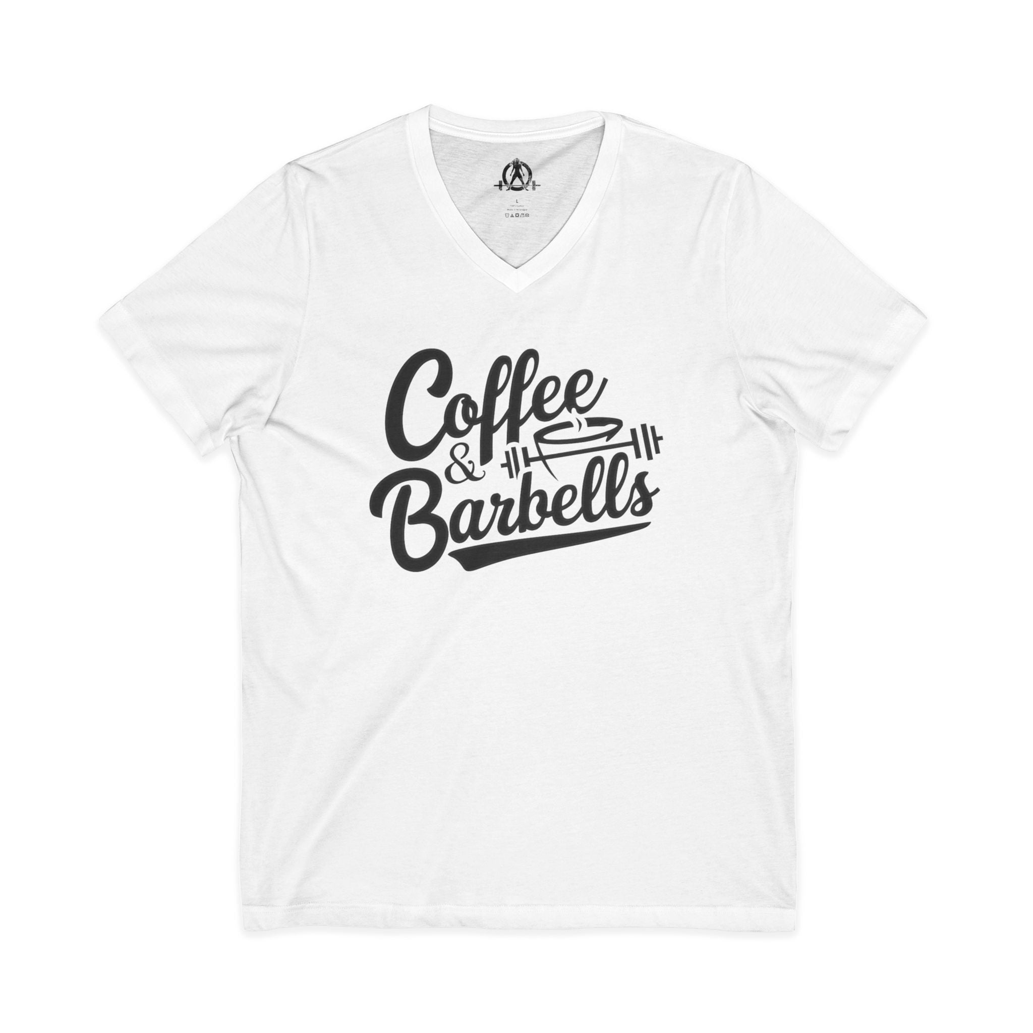 Coffee & Barbells - Unisex Jersey Short Sleeve V-Neck Tee - Black Logo Plain Back