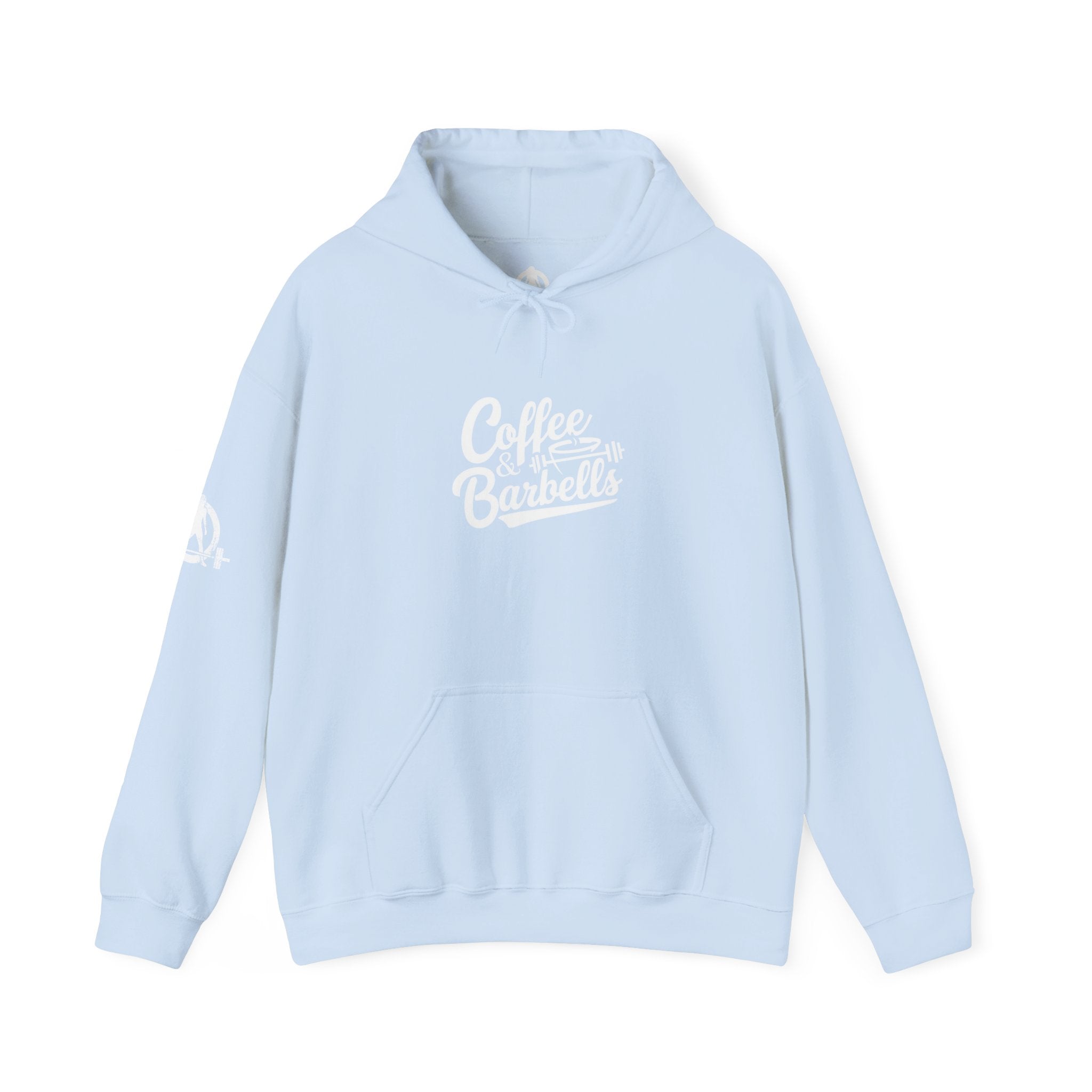 Coffee & Barbells - Unisex Heavy Blend Hooded Sweatshirt - White Logo on Front & Right Sleeve