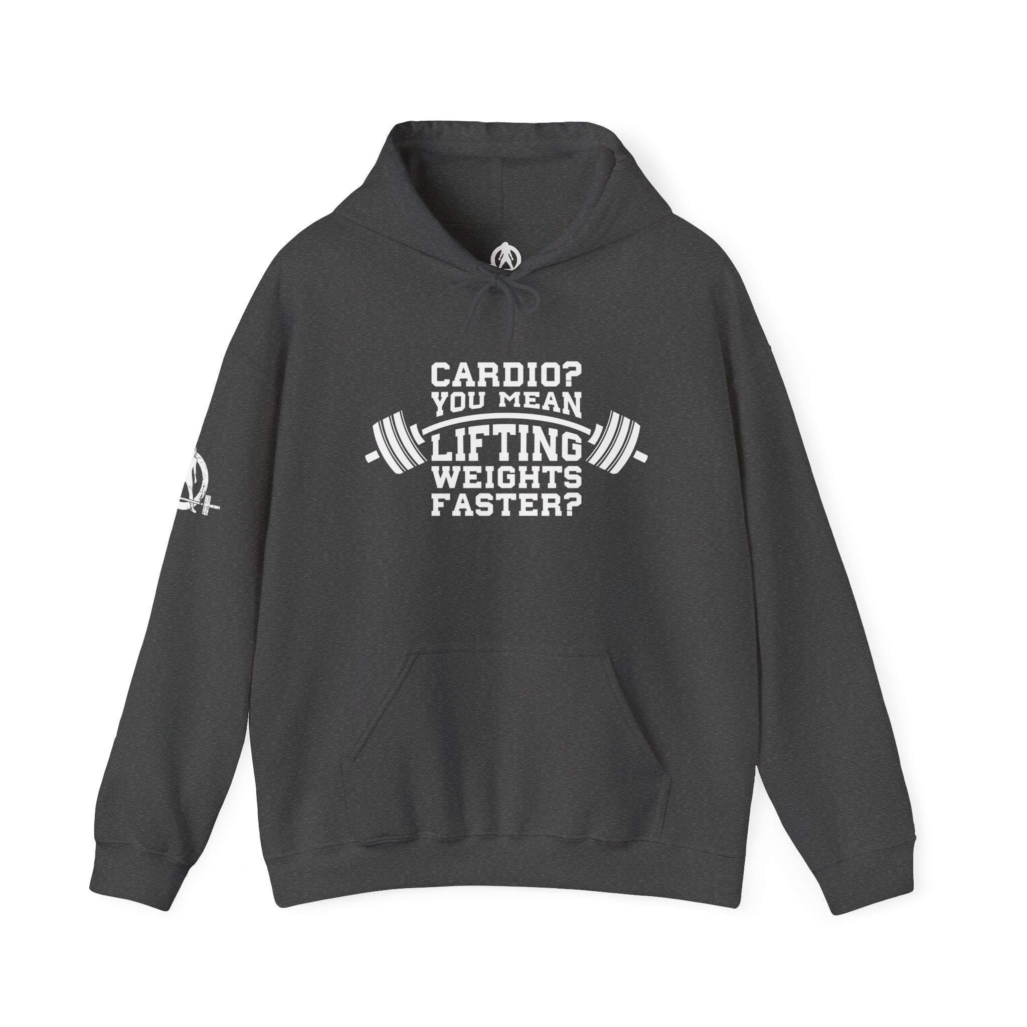 Cardio = Lift Weights Faster - Unisex Heavy Blend Hooded Sweatshirt - White Print on Front