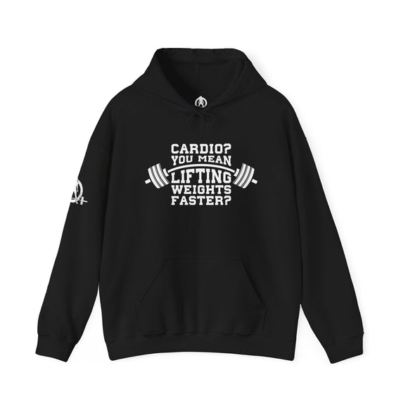 Cardio = Lift Weights Faster - Unisex Heavy Blend Hooded Sweatshirt - White Print on Front