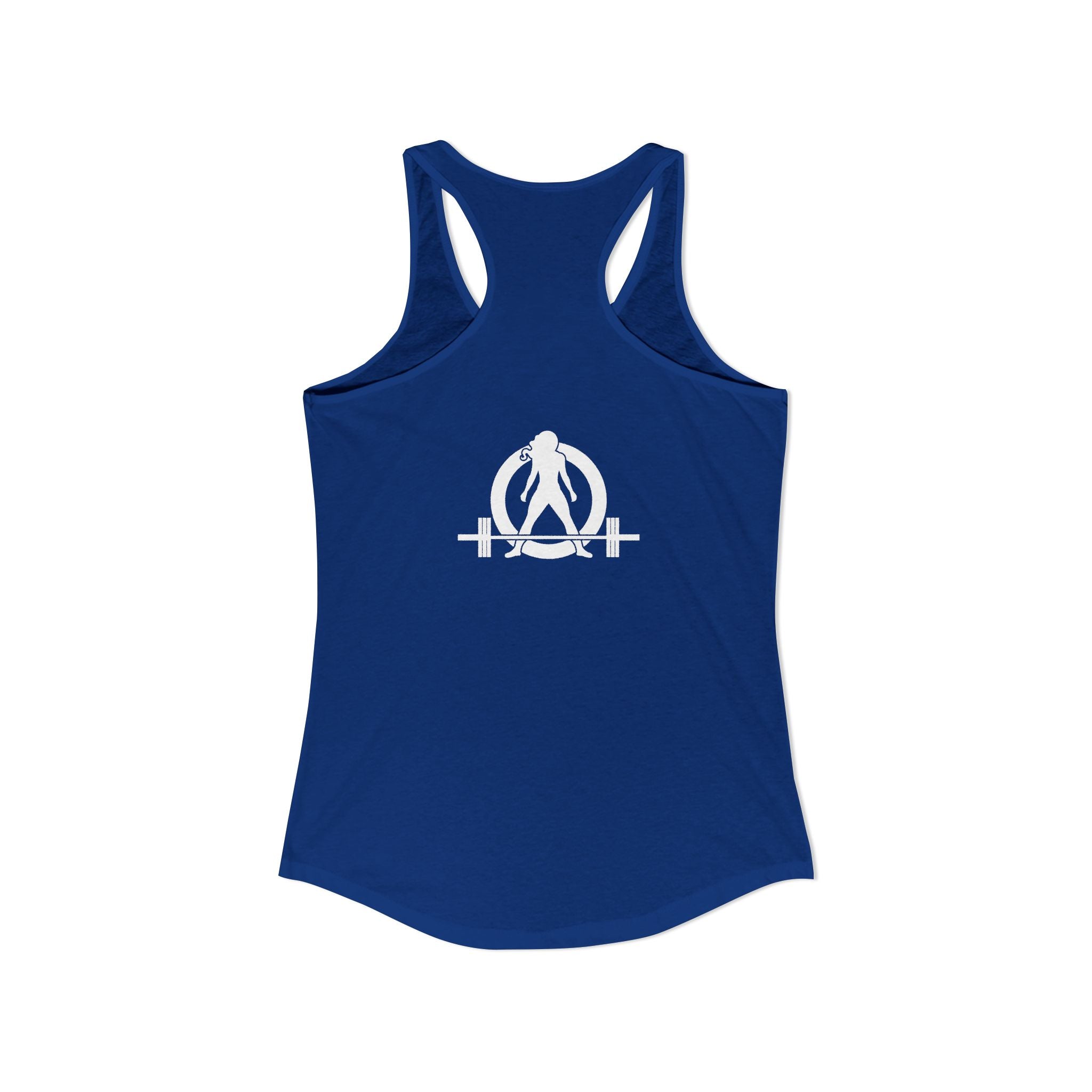 ALL I NEED IS COFFF & a Barbell - Women's Ideal Racerback Tank - White Logo Front & Back