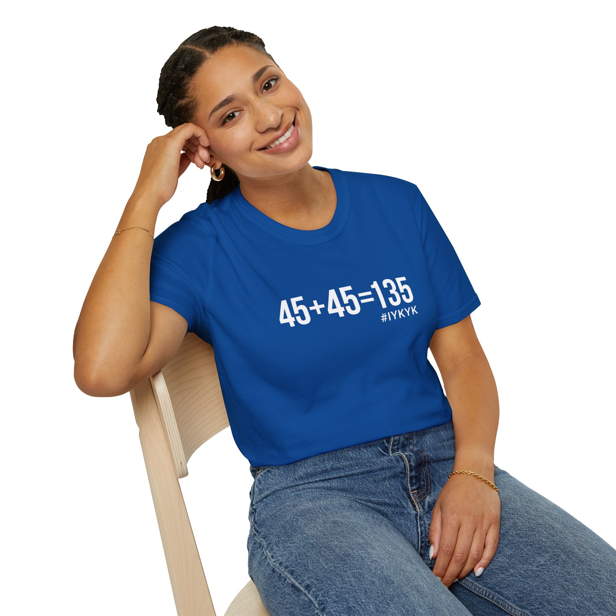45 + 45 = 135  - Unisex Softstyle T-Shirt - Print on Front Plain Back