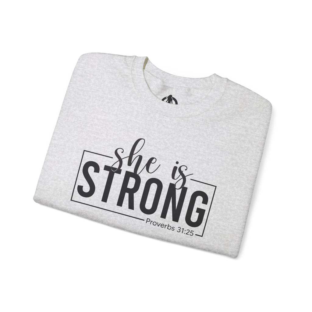 She is STRONG - Unisex Heavy Blend™ Crewneck Sweatshirt - Front Black Logo - Plain Back
