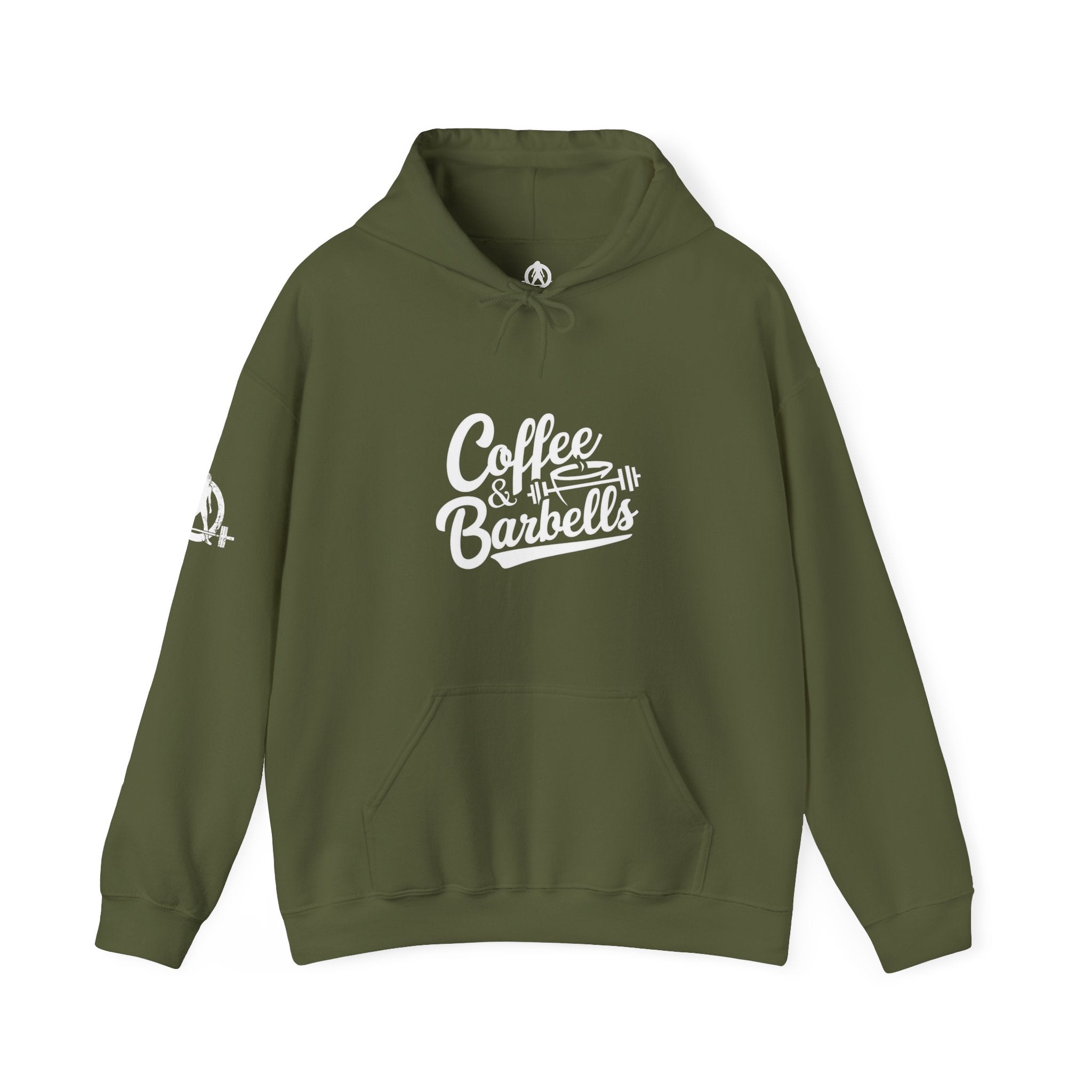 Coffee & Barbells - Unisex Heavy Blend Hooded Sweatshirt - White Logo on Front & Right Sleeve