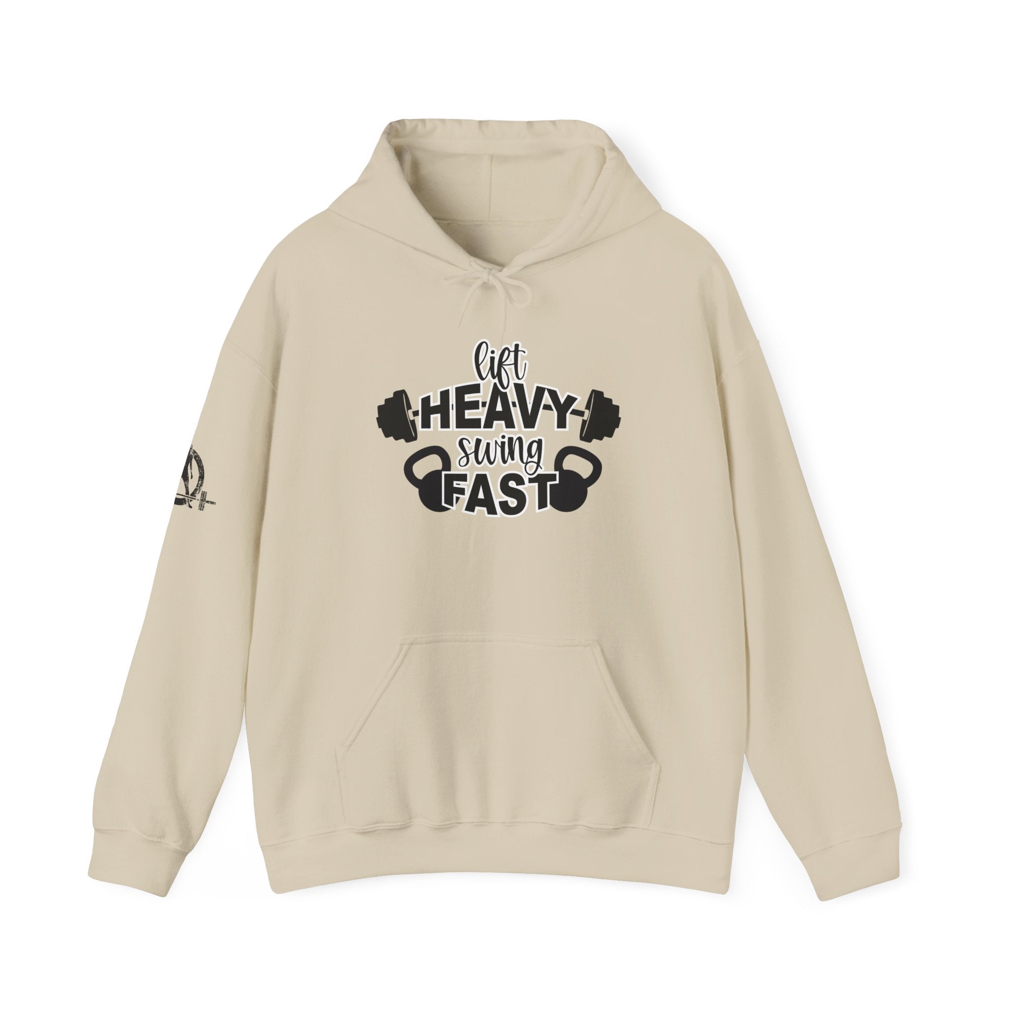 Lift Heavy Swing Fast - Unisex Heavy Blend Hooded Sweatshirt - Black Logo - Right Shoulder - Plain Back