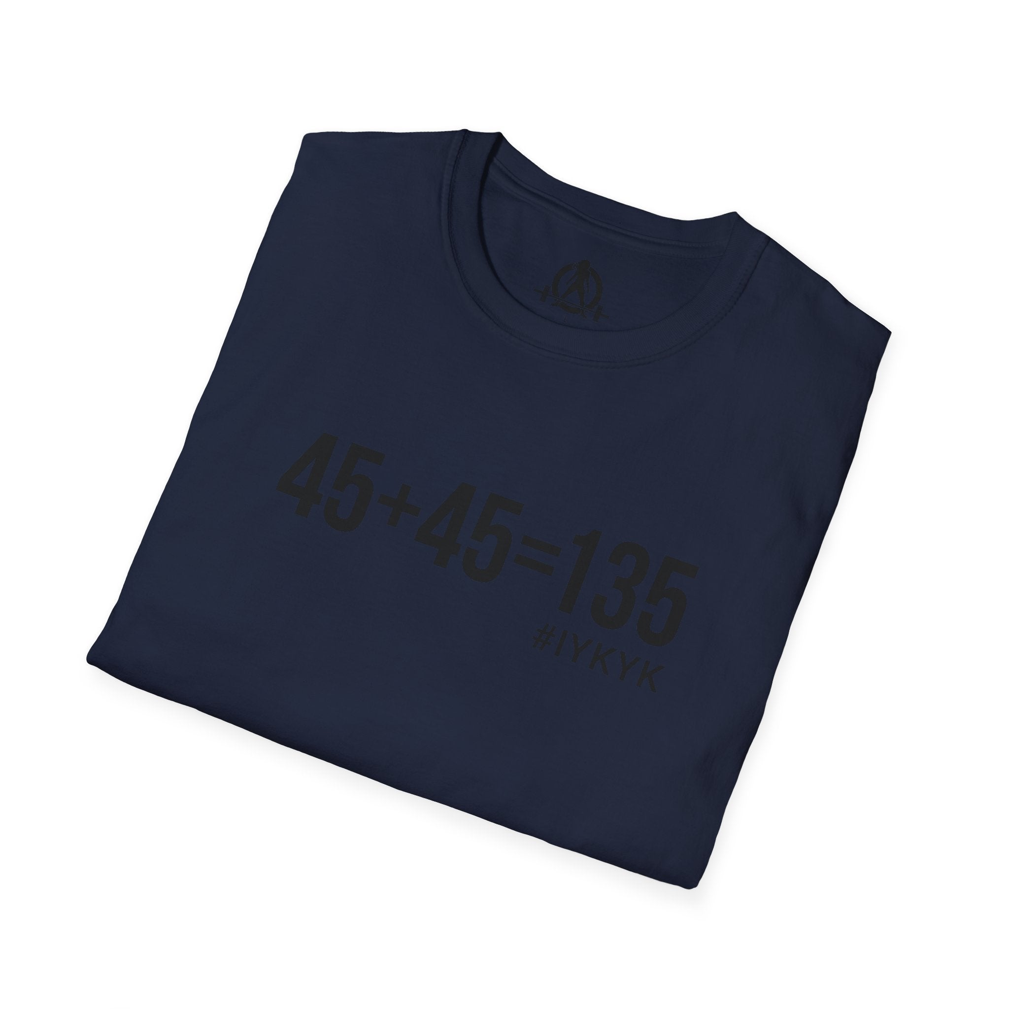 45 + 45 = 135 - Unisex Softstyle T-Shirt - Black Print on Front Plain Back