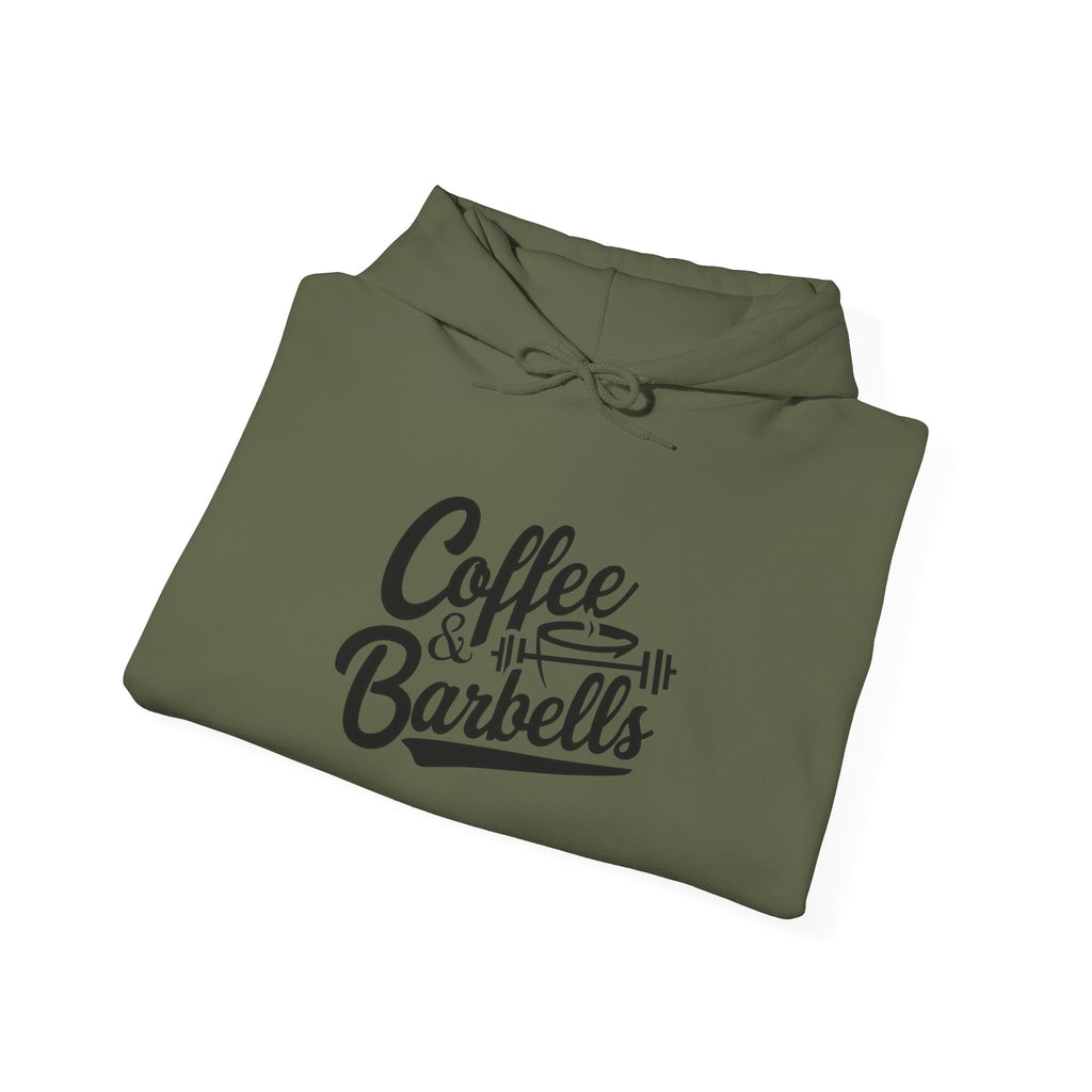 Coffee & Barbells  - Unisex Heavy Blend Hooded Sweatshirt - Black Logo on Front & Right Sleeve