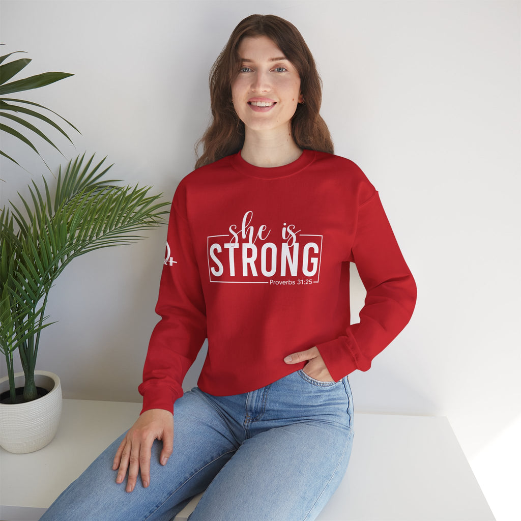 She is STRONG - Unisex Heavy Blend™ Crewneck Sweatshirt - Front White Logo - Plain Back