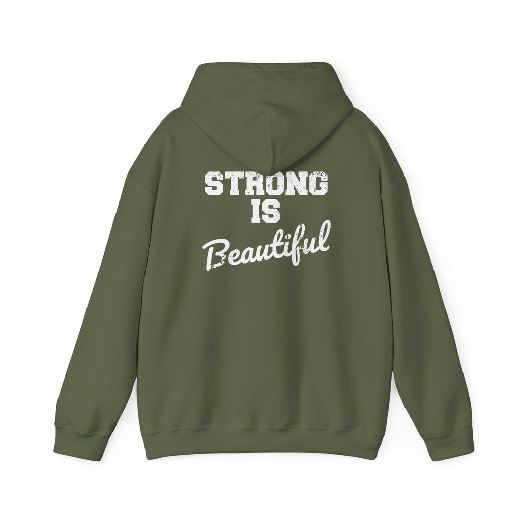 Strong Is Beautiful – Unisex Heavy Blend™ Hooded Sweatshirt (Distressed White Logo) 🤍💪