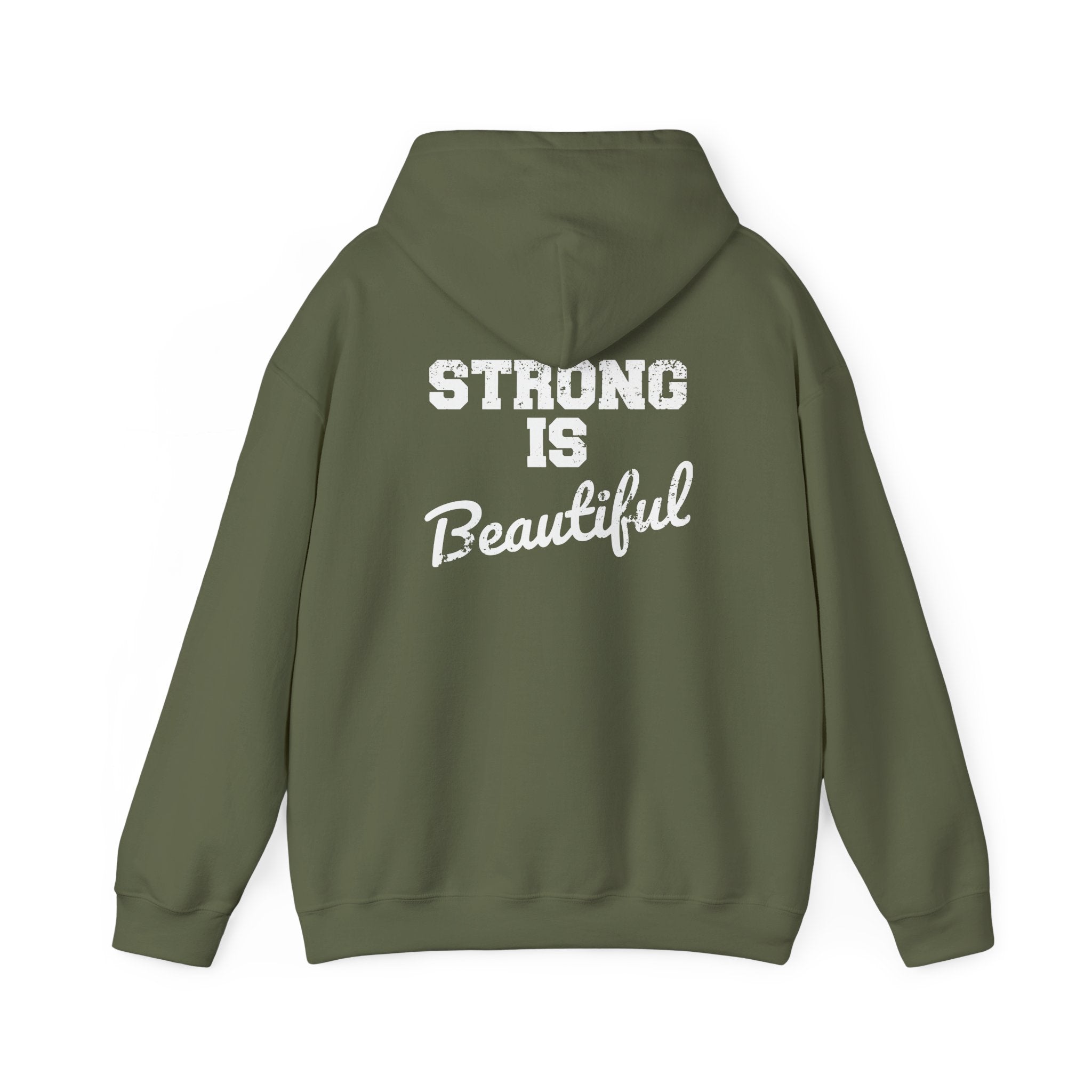 Strong Is Beautiful – Unisex Heavy Blend™ Hooded Sweatshirt (Distressed White Logo) 🤍💪