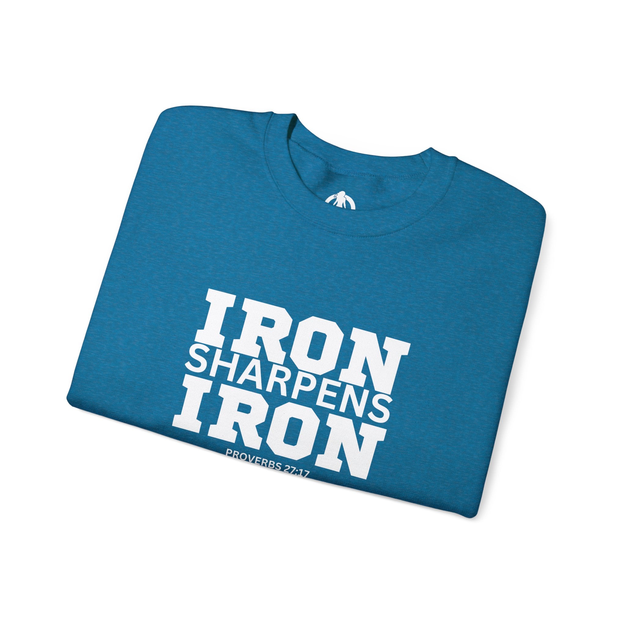 Iron Sharpens Iron - Unisex Heavy Blend™ Crewneck Sweatshirt - Front White Logo - Plain Back