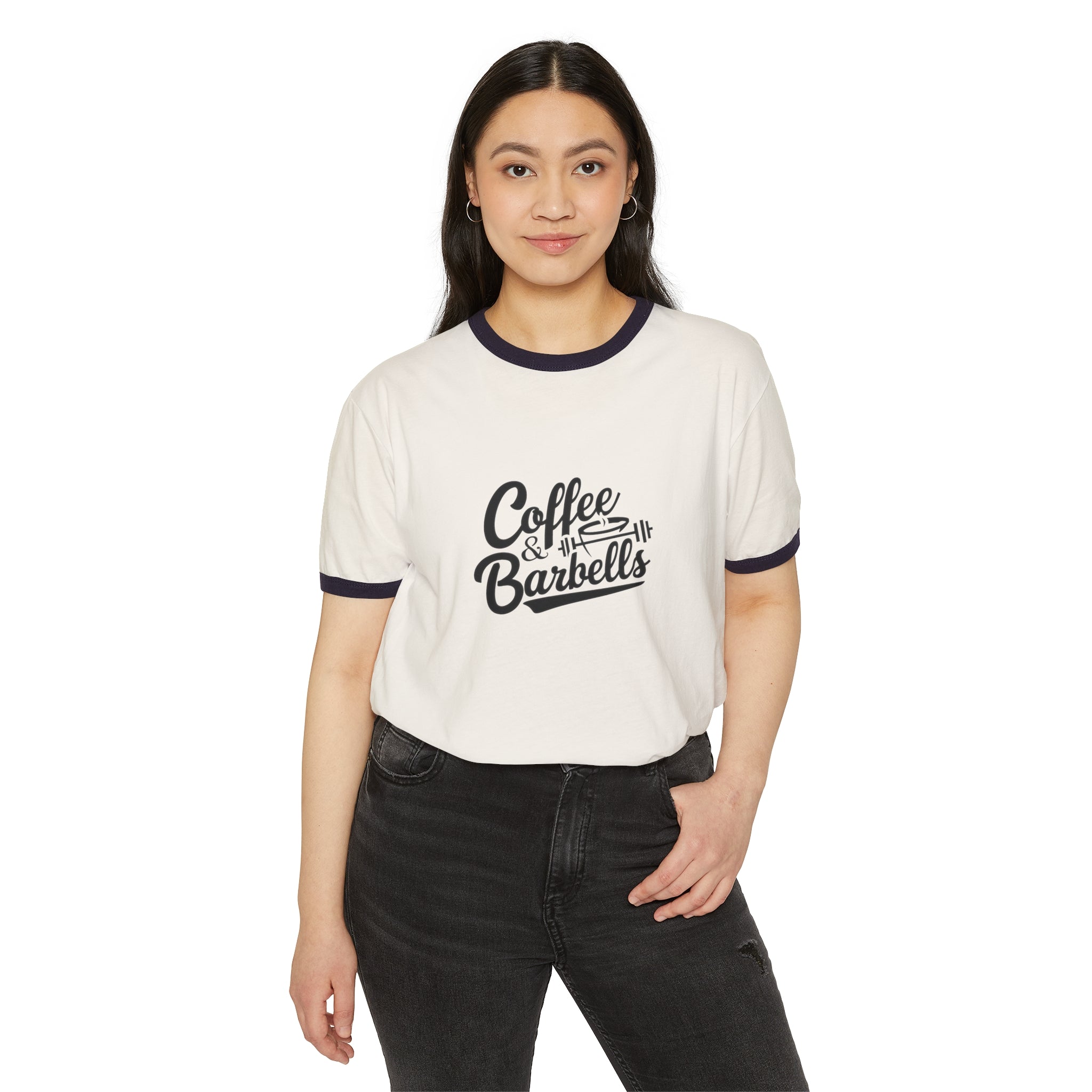 Coffee & Barbells  - Unisex Cotton Ringer T-Shirt - Black Logo Plain Back