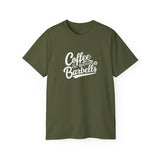 Coffee & Barbells - Unisex Ultra Cotton Tee - Front White Logo - Plain Back