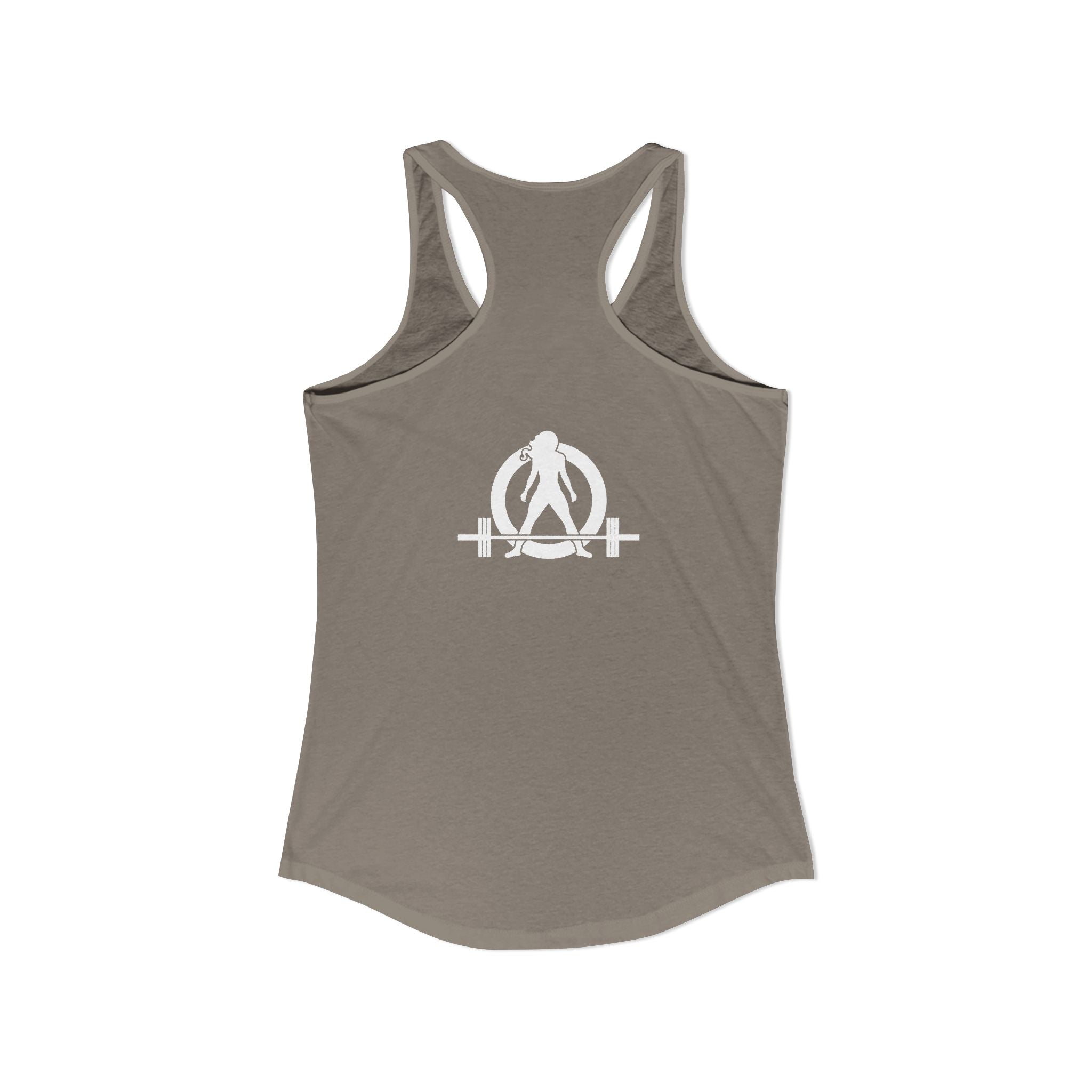 ALL I NEED IS COFFF & a Barbell - Women's Ideal Racerback Tank - White Logo Front & Back