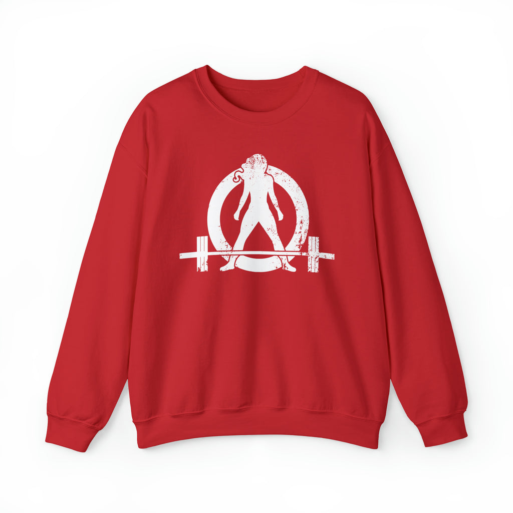 COFFEE and a Barbell - Unisex Heavy Blend™ Crewneck Sweatshirt - Distressed Logo - Plain Back