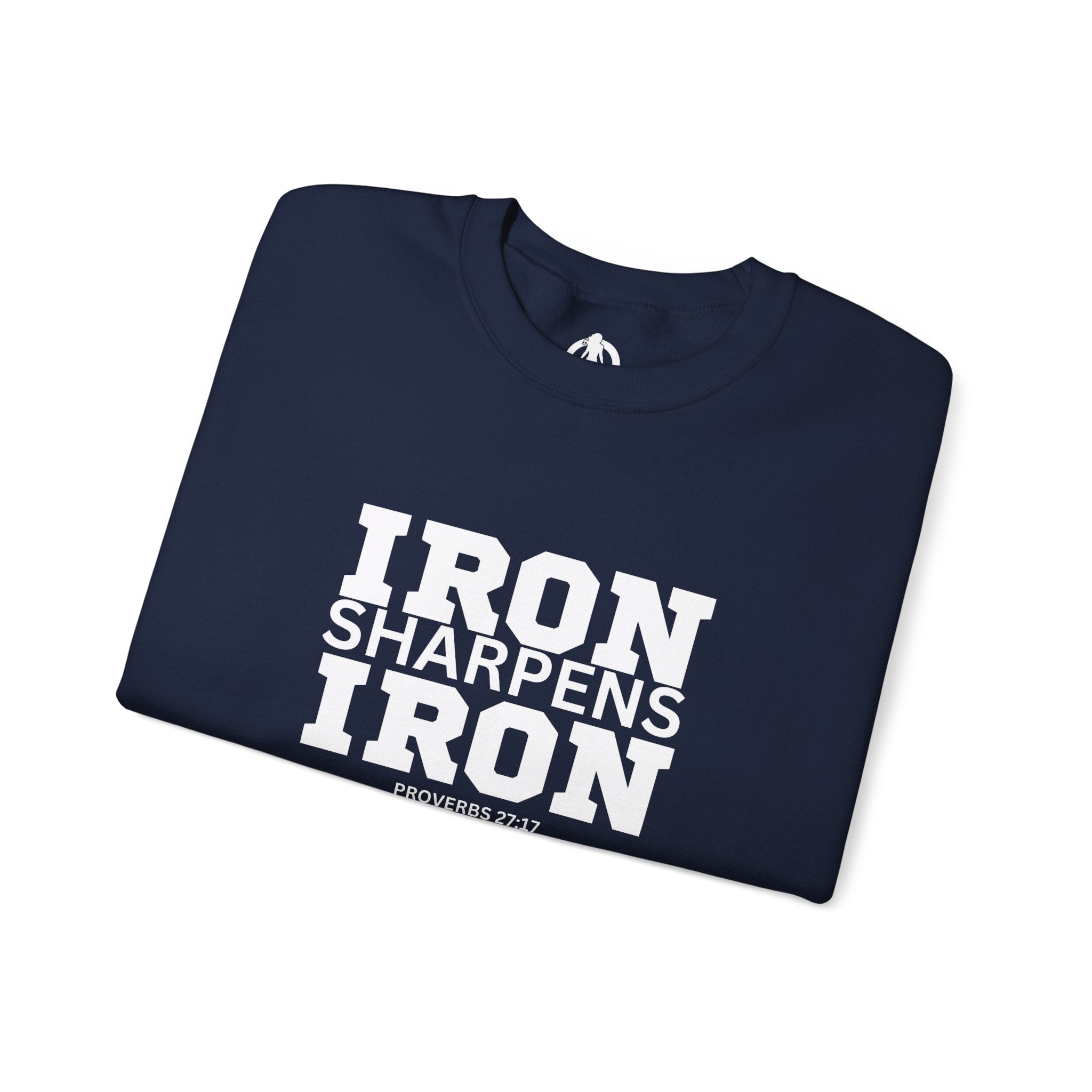 Iron Sharpens Iron - Unisex Heavy Blend™ Crewneck Sweatshirt - Front White Logo - Plain Back