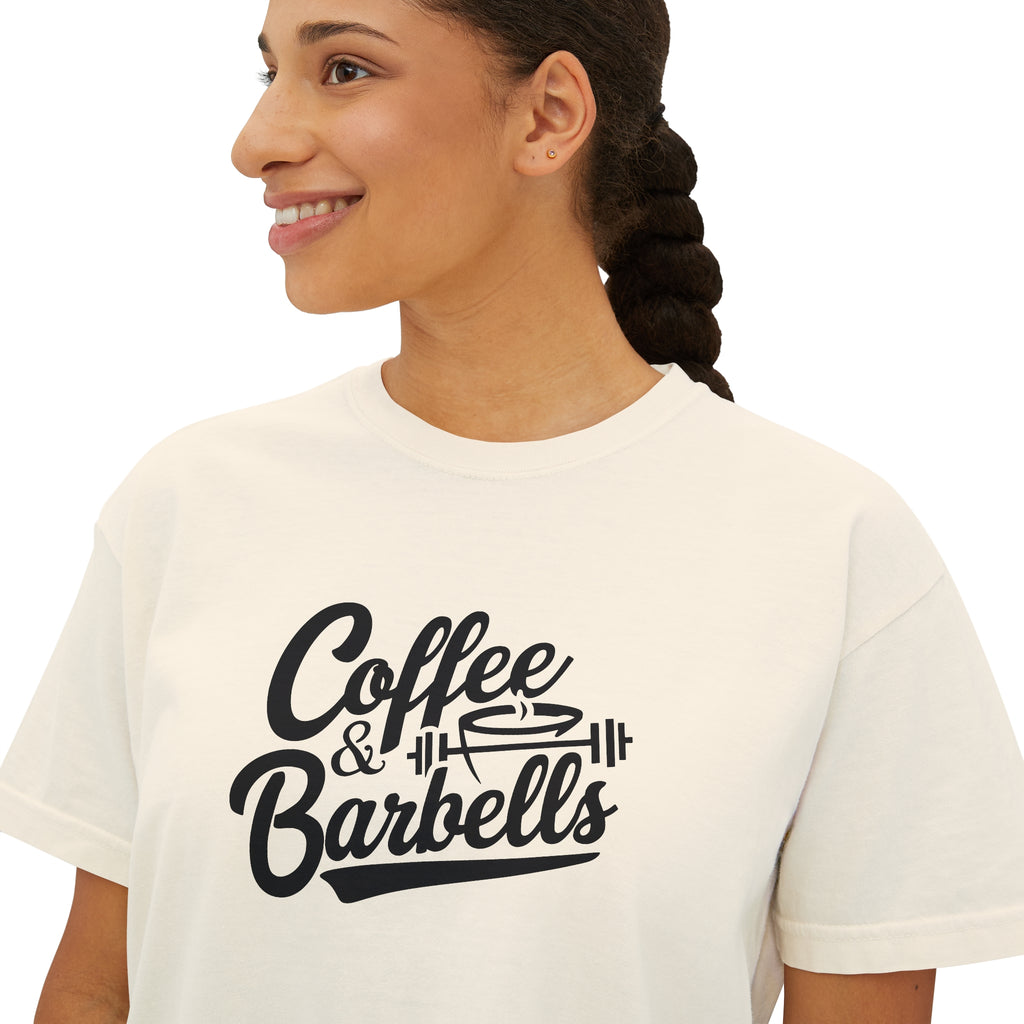 Coffee & Barbells - Women's Boxy Tee - Black Logo Front Plain Back