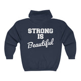 Unisex Heavy Blend Full Zip Hooded Sweatshirt - Front Chest White Logo - Strong Is Beautiful on Back