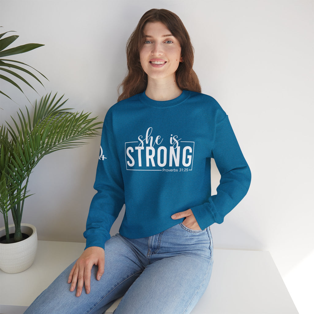 She is STRONG - Unisex Heavy Blend™ Crewneck Sweatshirt - Front White Logo - Plain Back