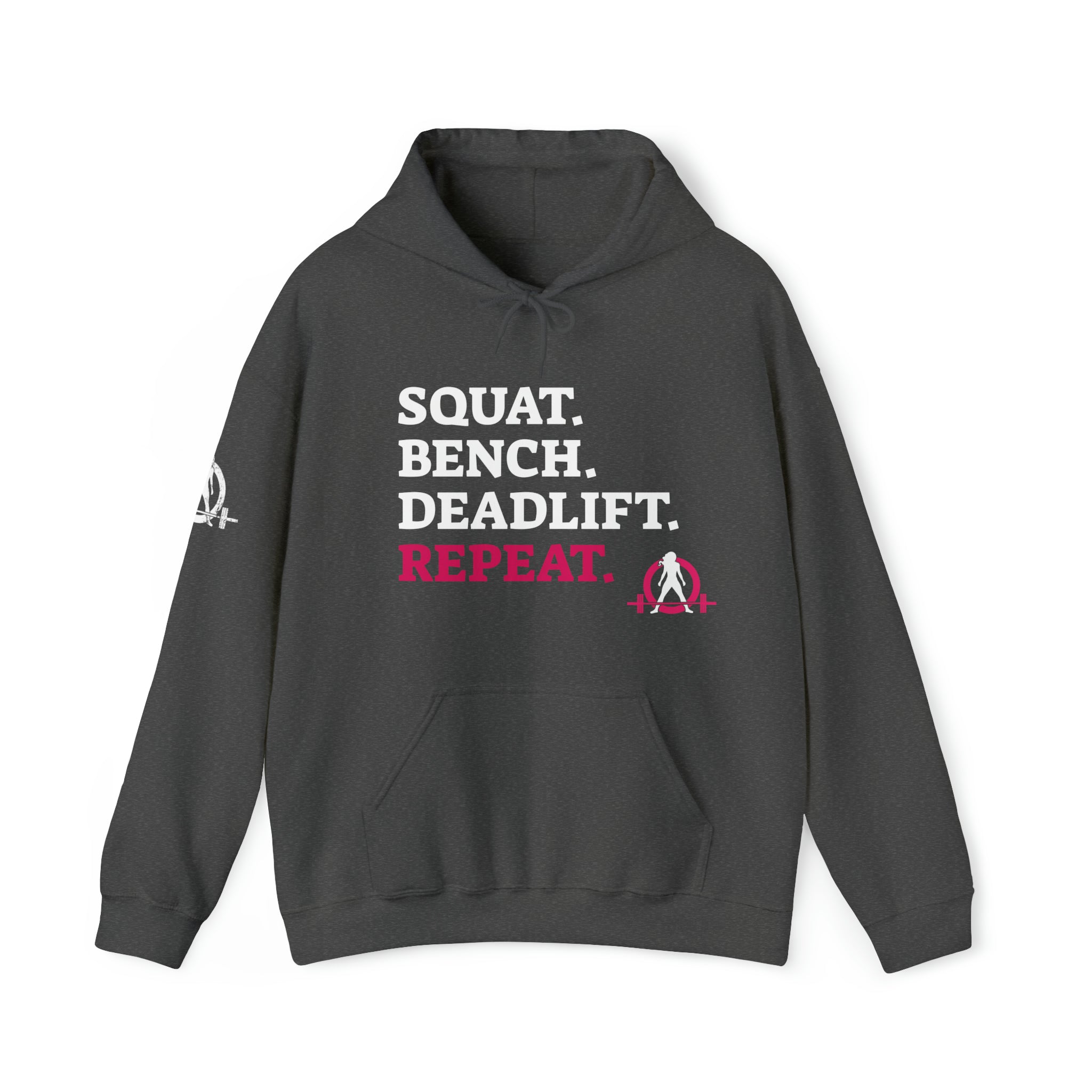 Squat Bench Deadlift Repeat - Unisex Heavy Blend Hooded Sweatshirt - Dark WWLW Logo - Pink - Plain Black