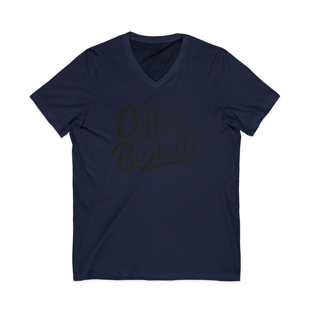 Coffee & Barbells - Unisex Jersey Short Sleeve V-Neck Tee - Black Logo Plain Back