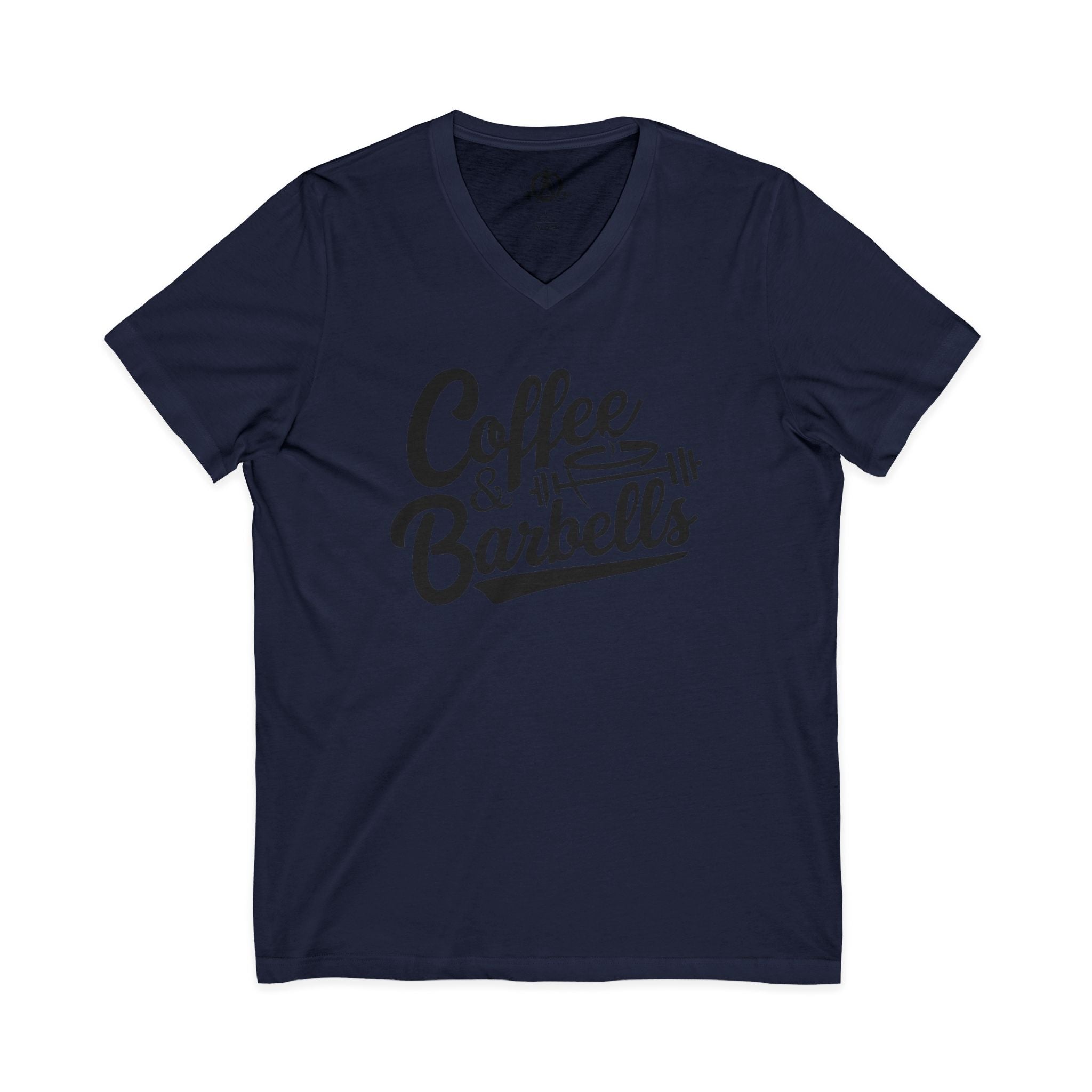 Coffee & Barbells - Unisex Jersey Short Sleeve V-Neck Tee - Black Logo Plain Back