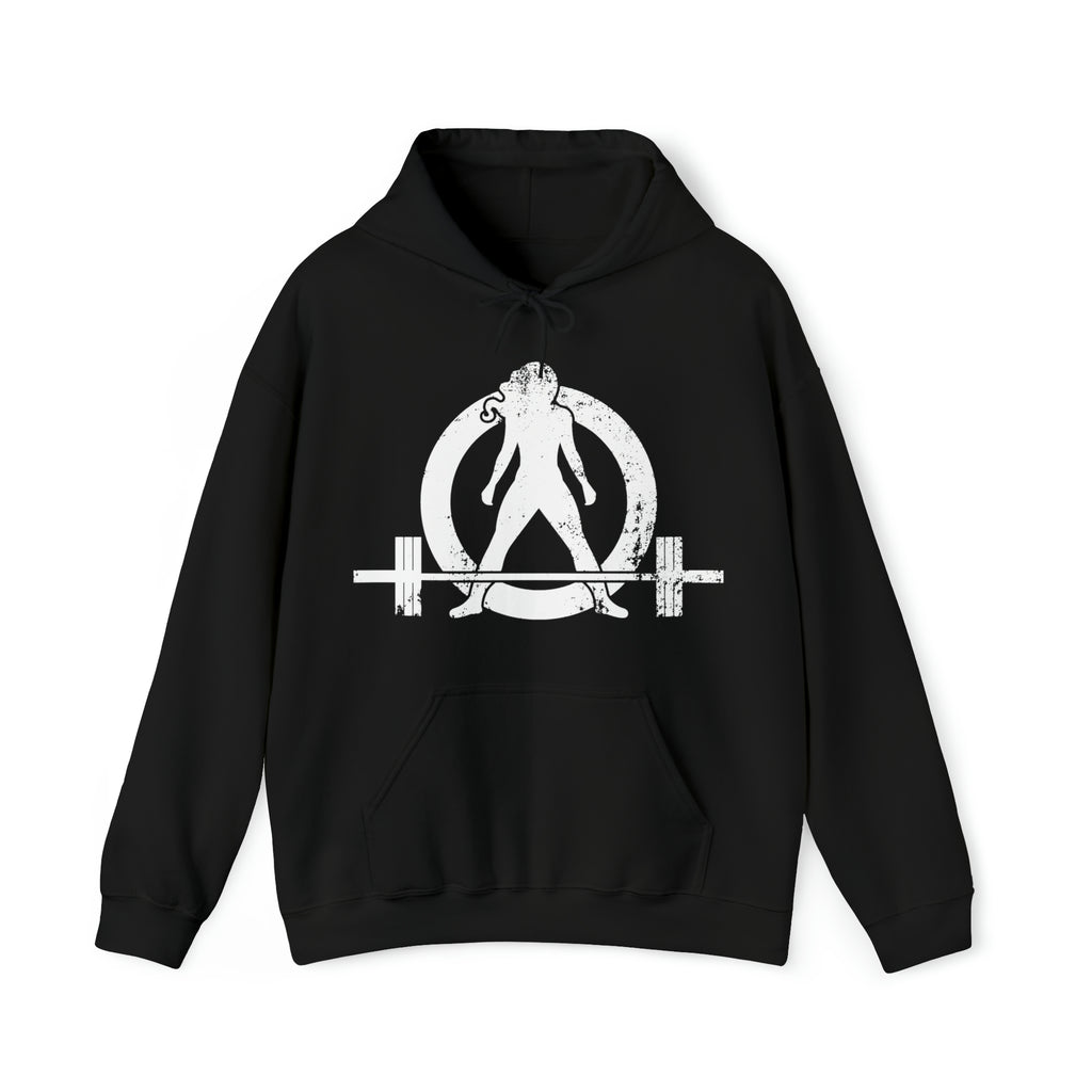 COFFEE and a Barbell  - Distressed White Logo  - Unisex Heavy Blend Hooded Sweatshirt