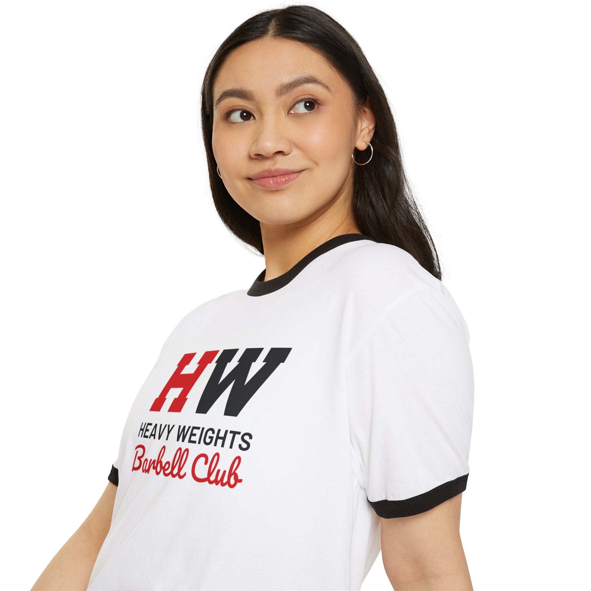 HW Barbell Club - Unisex Cotton Ringer T-Shirt - Black Classic Logo Front Plain Back