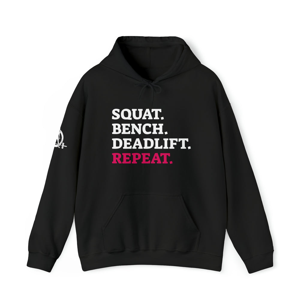 Squat Bench Deadlift Repeat - Unisex Heavy Blend Hooded Sweatshirt - Dark Logo - Pink - Plain Black