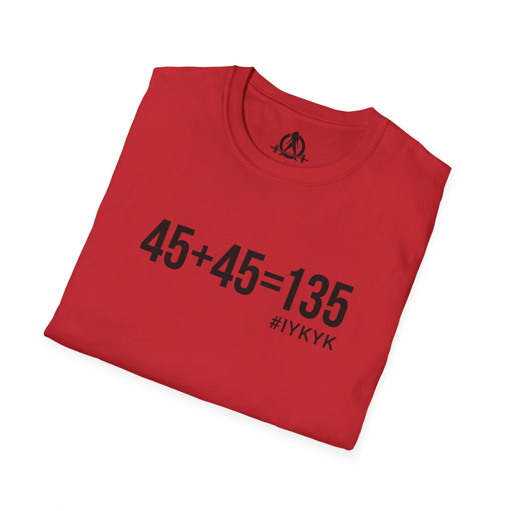 45 + 45 = 135 - Unisex Softstyle T-Shirt - Black Print on Front Plain Back