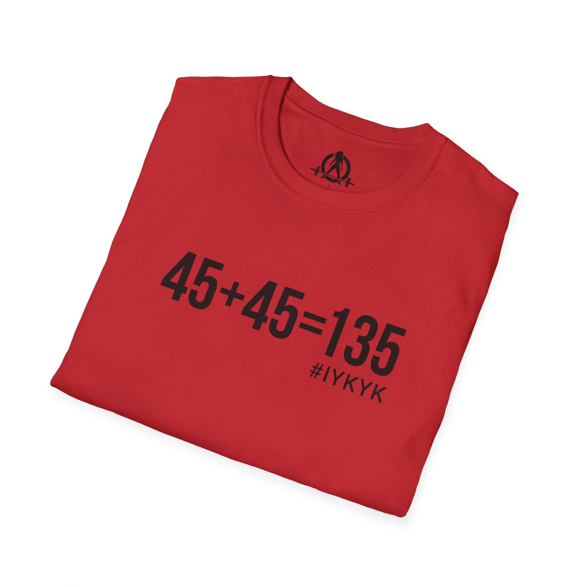 45 + 45 = 135 - Unisex Softstyle T-Shirt - Black Print on Front Plain Back