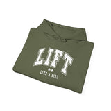 Lift Like.A Girl - Unisex Heavy Blend Hooded Sweatshirt - White Logo on Front & Right Sleeve