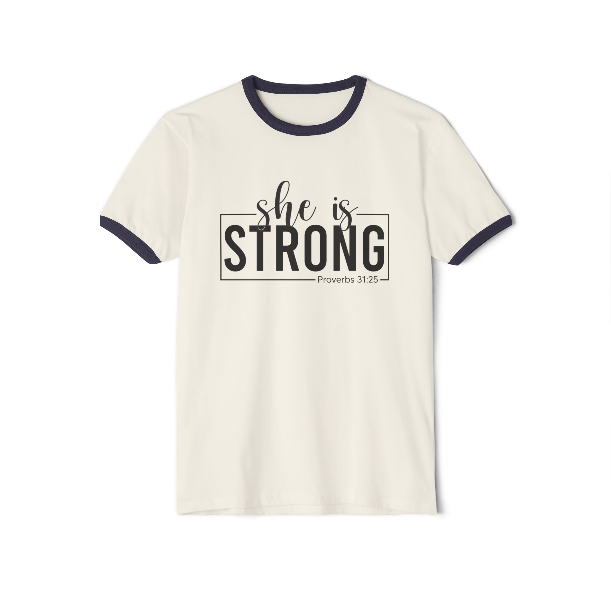 She Is Strong  - Unisex Cotton Ringer T-Shirt - Black Classic Logo Front Plain Back
