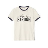 She Is Strong  - Unisex Cotton Ringer T-Shirt - Black Classic Logo Front Plain Back