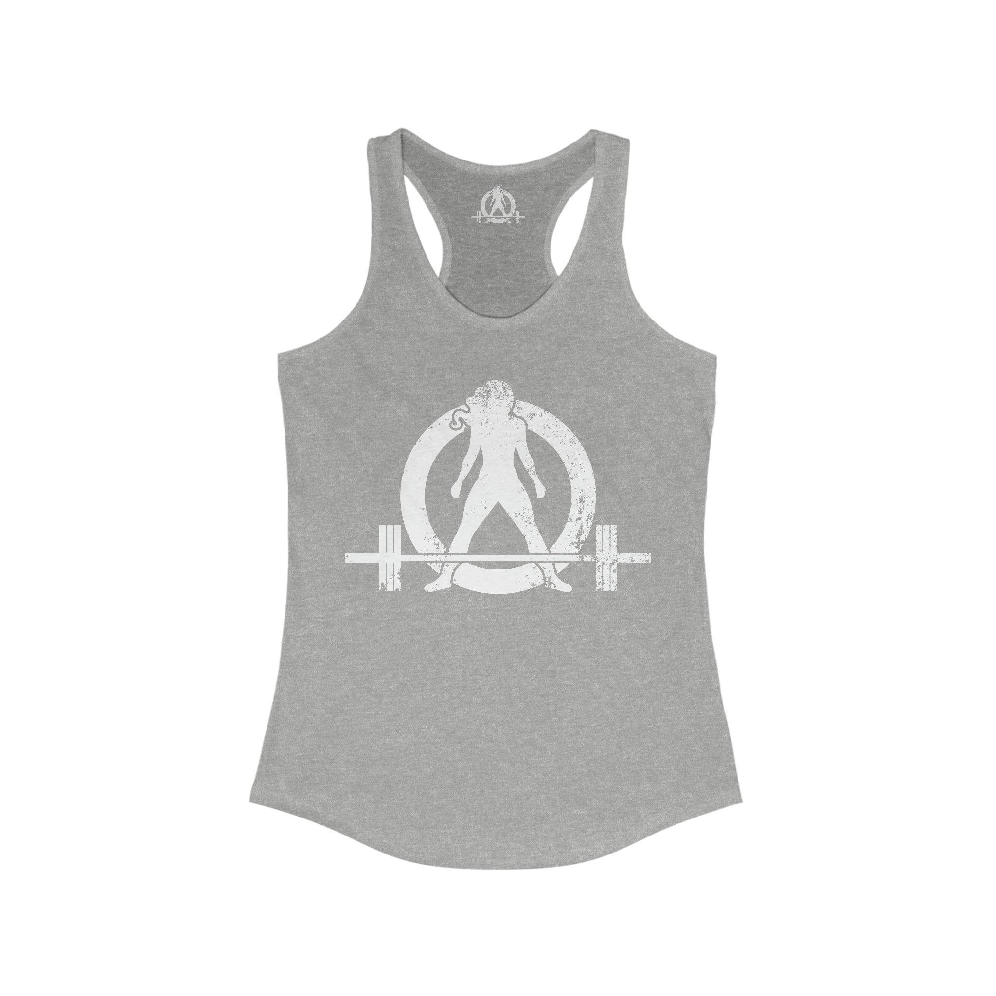 Strong Not Skinny - White Distressed Logo - Women's Ideal Racerback Tank - Logo on Front & Back