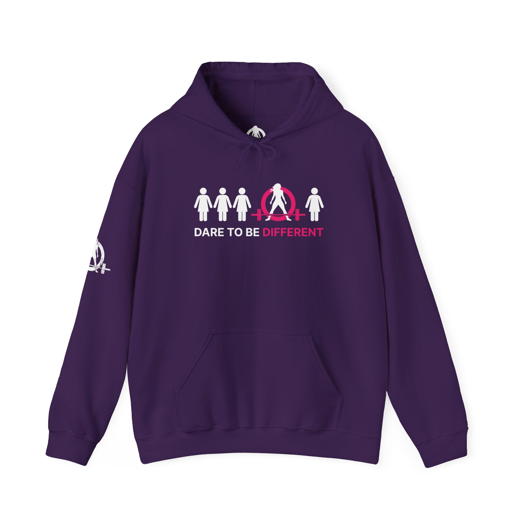 Dare To Be Different - Deadlift - Unisex Heavy Blend Hooded Sweatshirt - White Print on Front & Arm