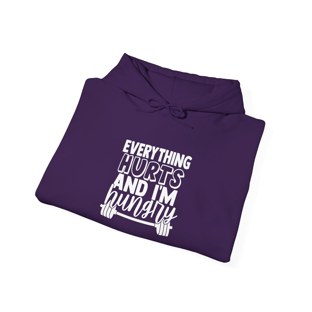 Everything Hurts & I'm Hungry  - Unisex Heavy Blend Hooded Sweatshirt  - White Print Front/Arm