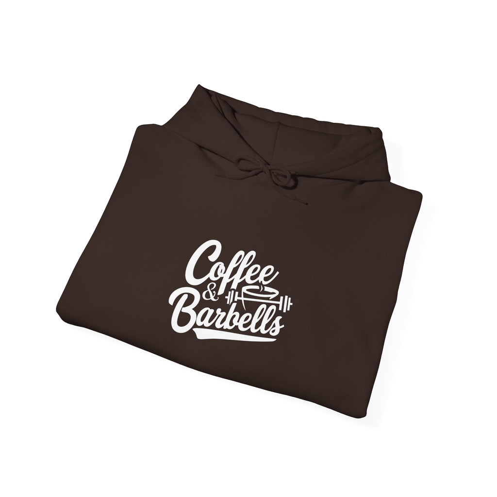 Coffee & Barbells - Unisex Heavy Blend Hooded Sweatshirt - White Logo on Front & Right Sleeve