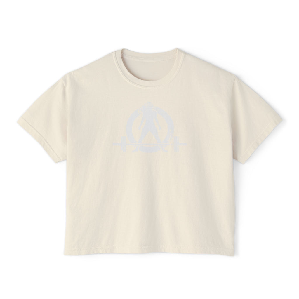 Women's Boxy Tee - White Distressed Logo Front Plain Back