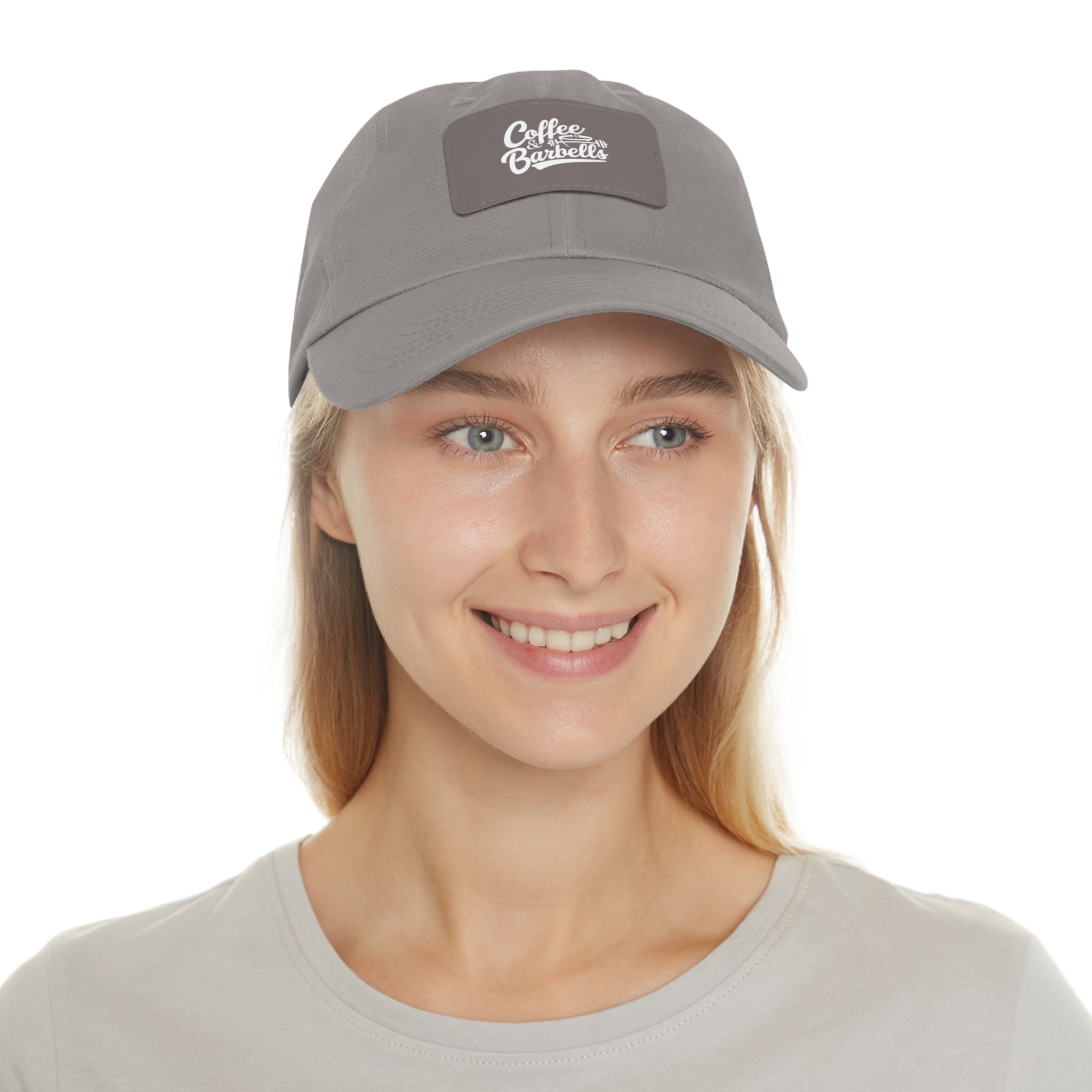 Coffee & Barbells - Dad Hat with Leather Patch (Rectangle) - White Font
