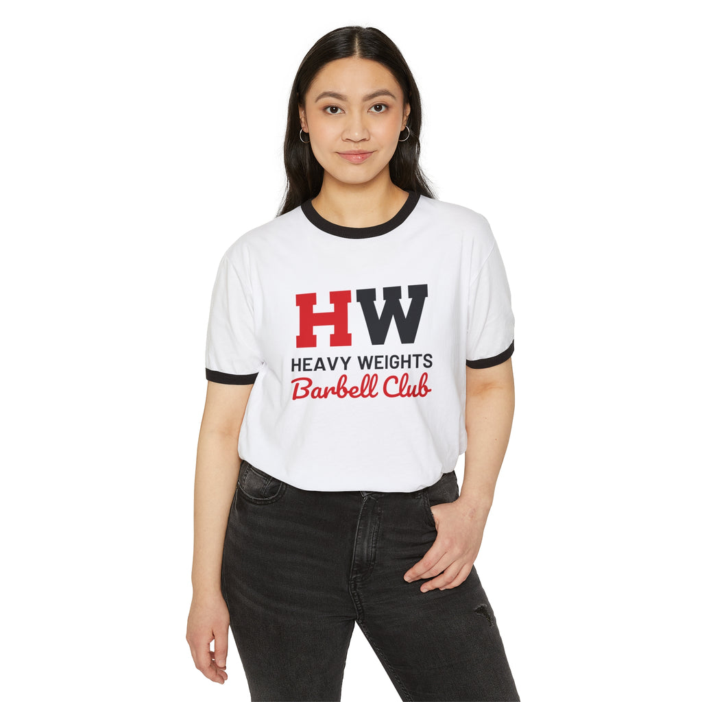 HW Barbell Club - Unisex Cotton Ringer T-Shirt - Black Classic Logo Front Plain Back