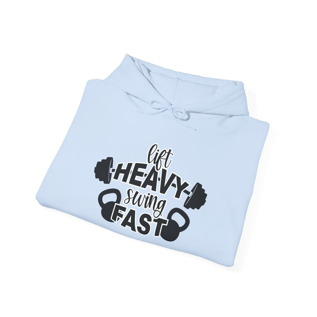 Lift Heavy Swing Fast - Unisex Heavy Blend Hooded Sweatshirt - Black Logo - Right Shoulder - Plain Back