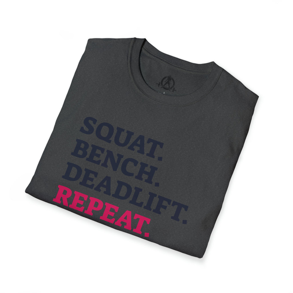 Squat Bench Deadlift Repeat - Unisex Softstyle T-Shirt - Pink - Plain Back