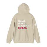Squat Bench Deadlift Repeat - Unisex Heavy Blend Hooded Sweatshirt - Dark White Logo - Pink - SBDR on BACK