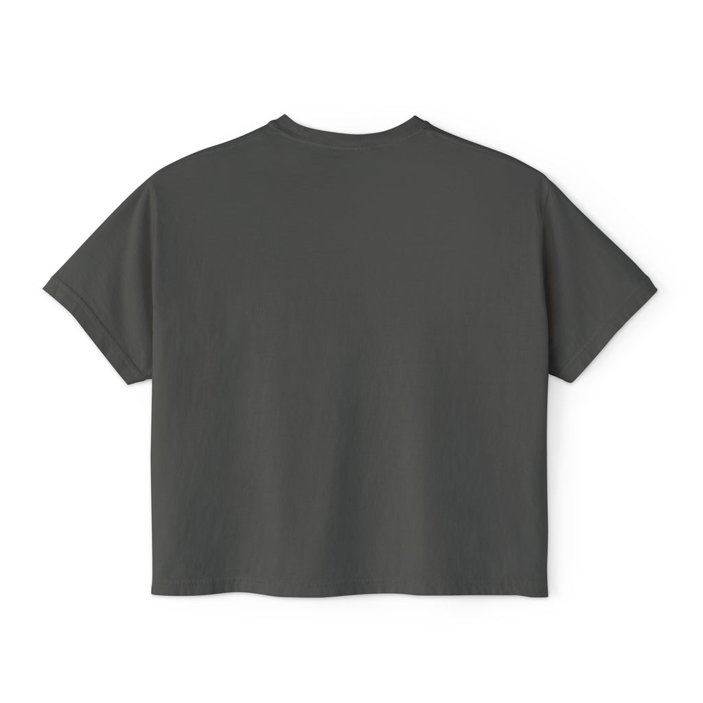 Women's Boxy Tee - White Distressed Logo Front Plain Back
