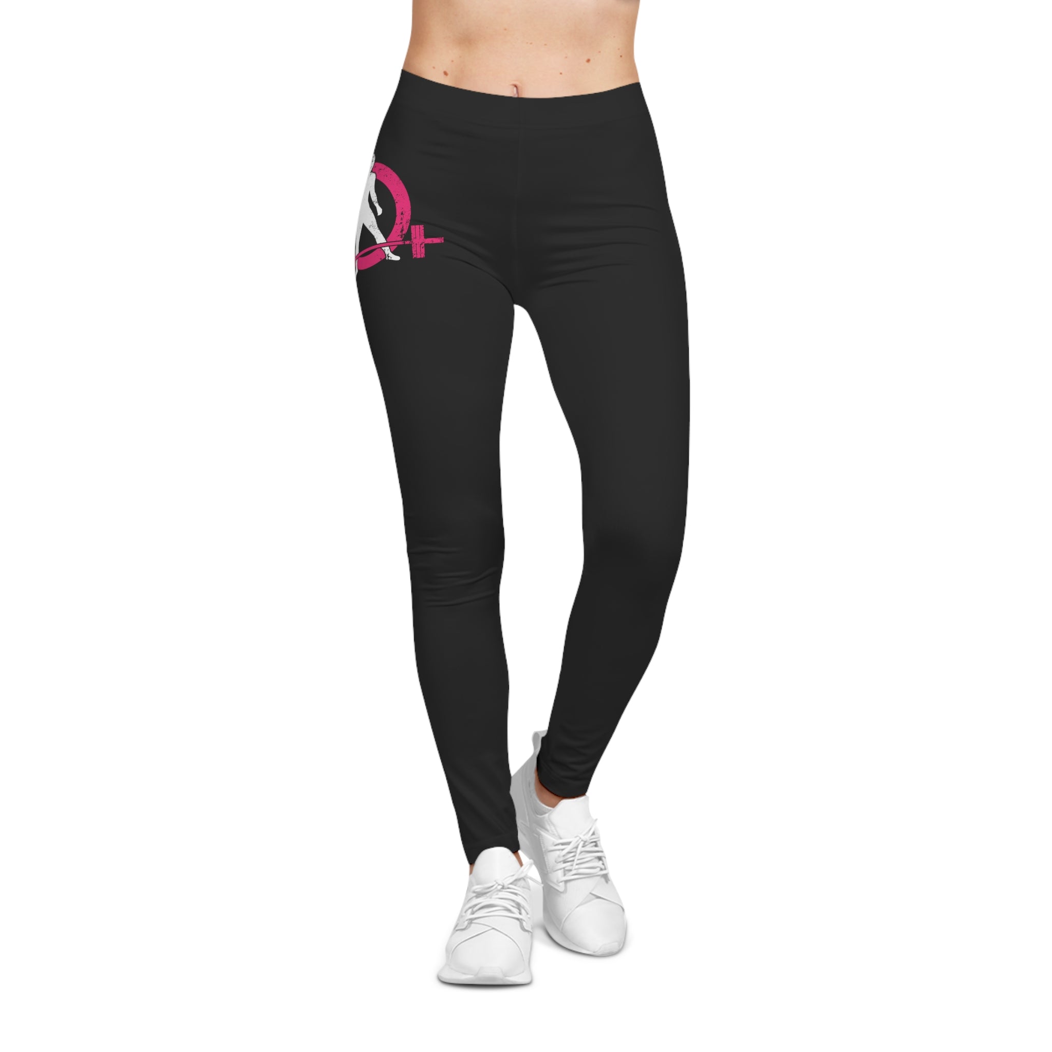 Black Women's Casual Leggings - Distressed Color Logo - Right Hip