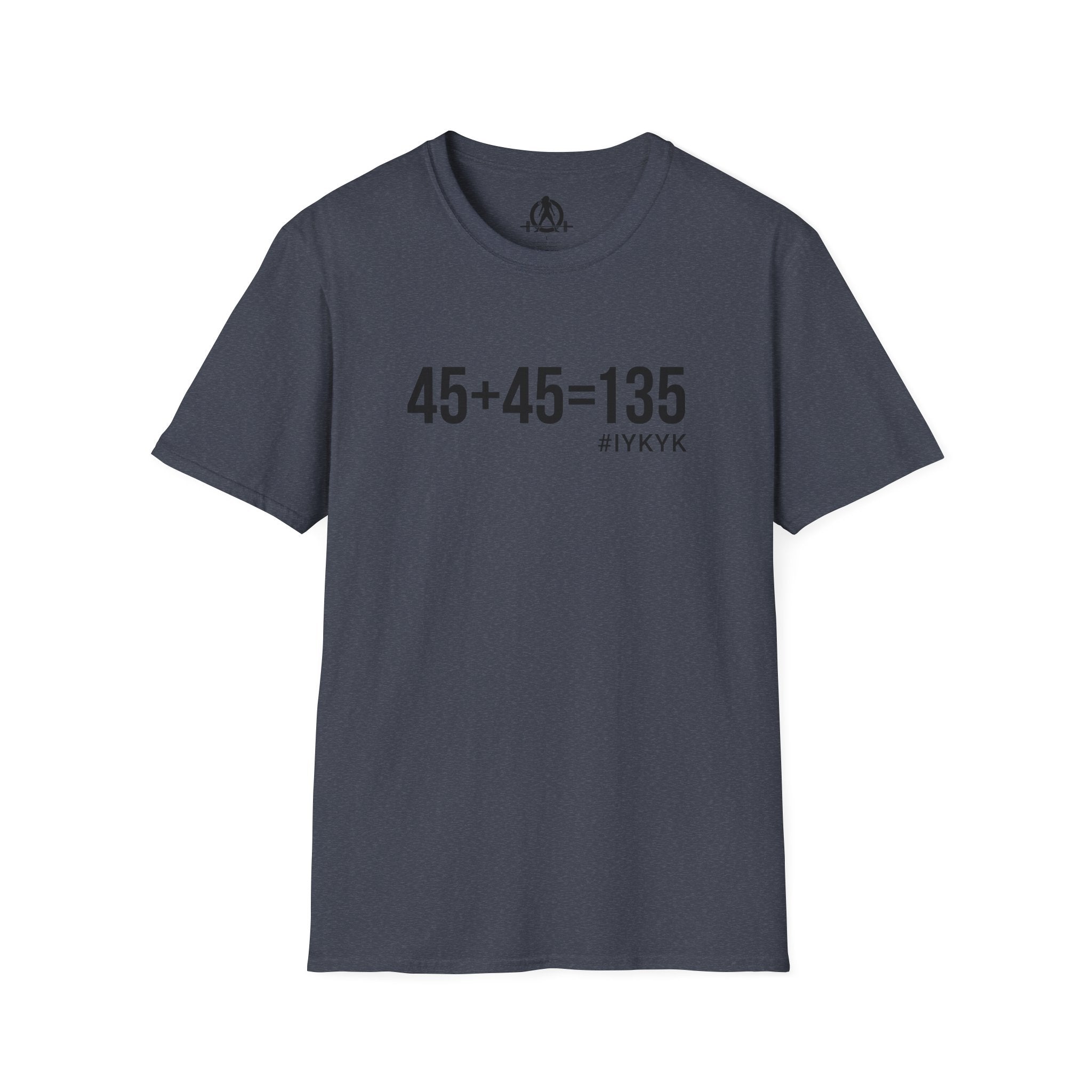 45 + 45 = 135 - Unisex Softstyle T-Shirt - Black Print on Front Plain Back