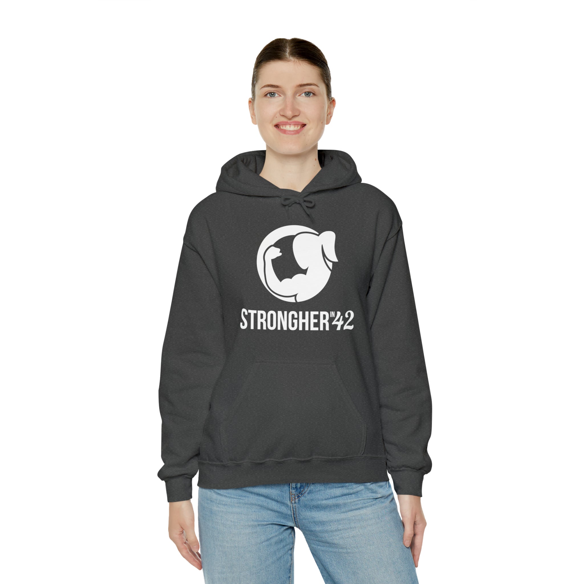 Strong Her in 42 - Classic Logo White - Unisex Heavy Blend Hooded Sweatshirt